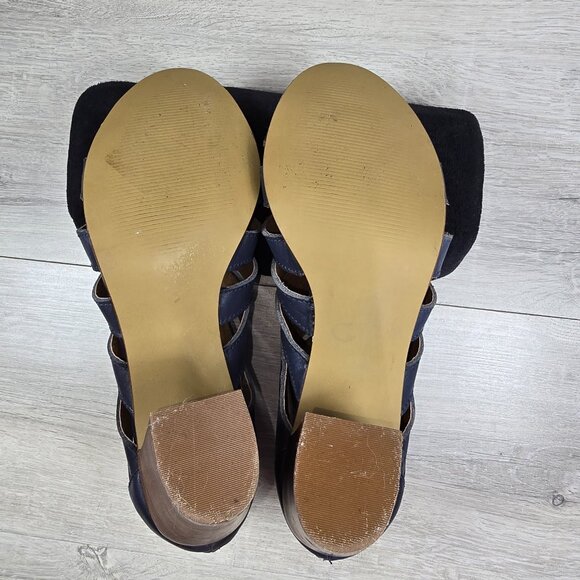 Steve Madden Leather Gladiator Sandals Sz 9B Navy Blue Block Heels Peep Toe - Picture 7 of 8